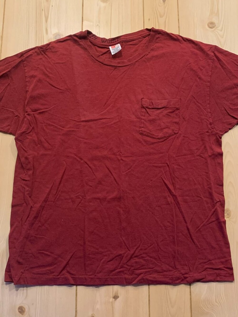 Vintage 80s Hanes Single Stitch Retro Blank Plain Burgundy Pocket T-Shirt XL